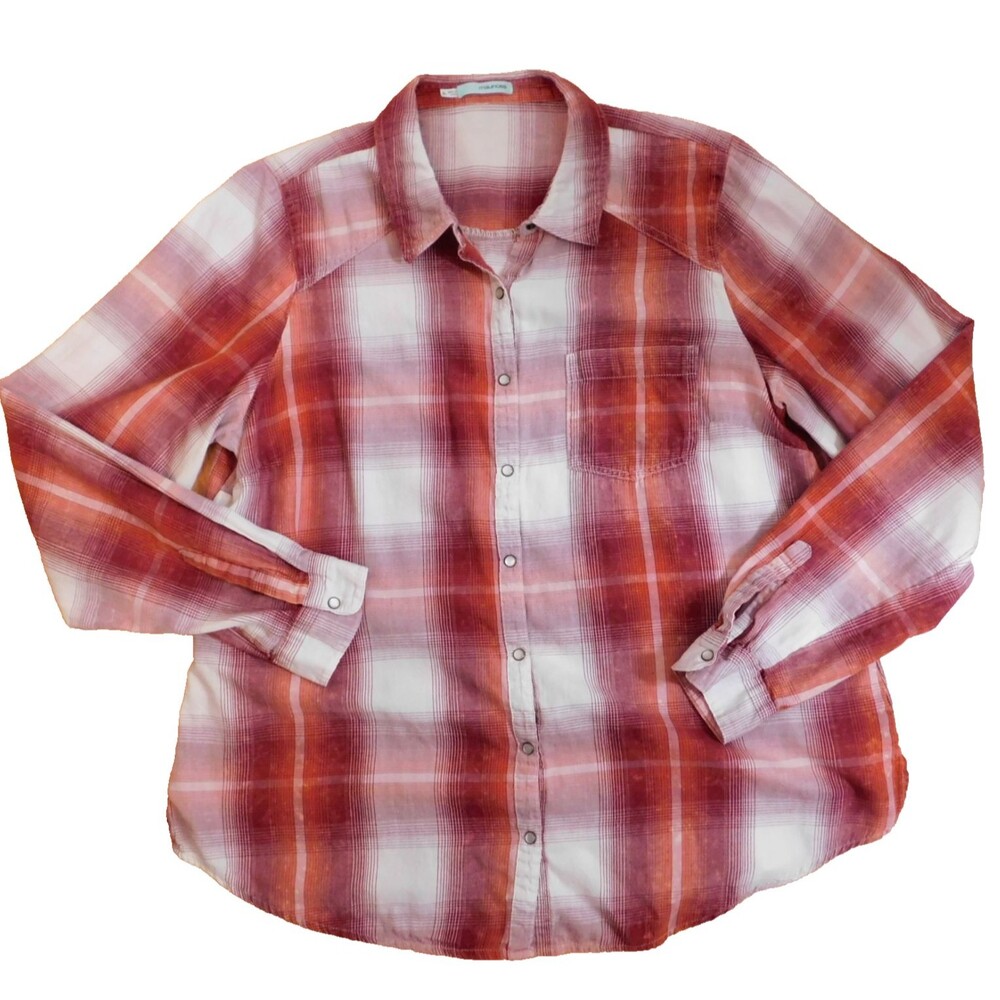 Maurices Shirt XL Plaid Brushed Cotton Pearl Snap Red Orange White Long Sleeve